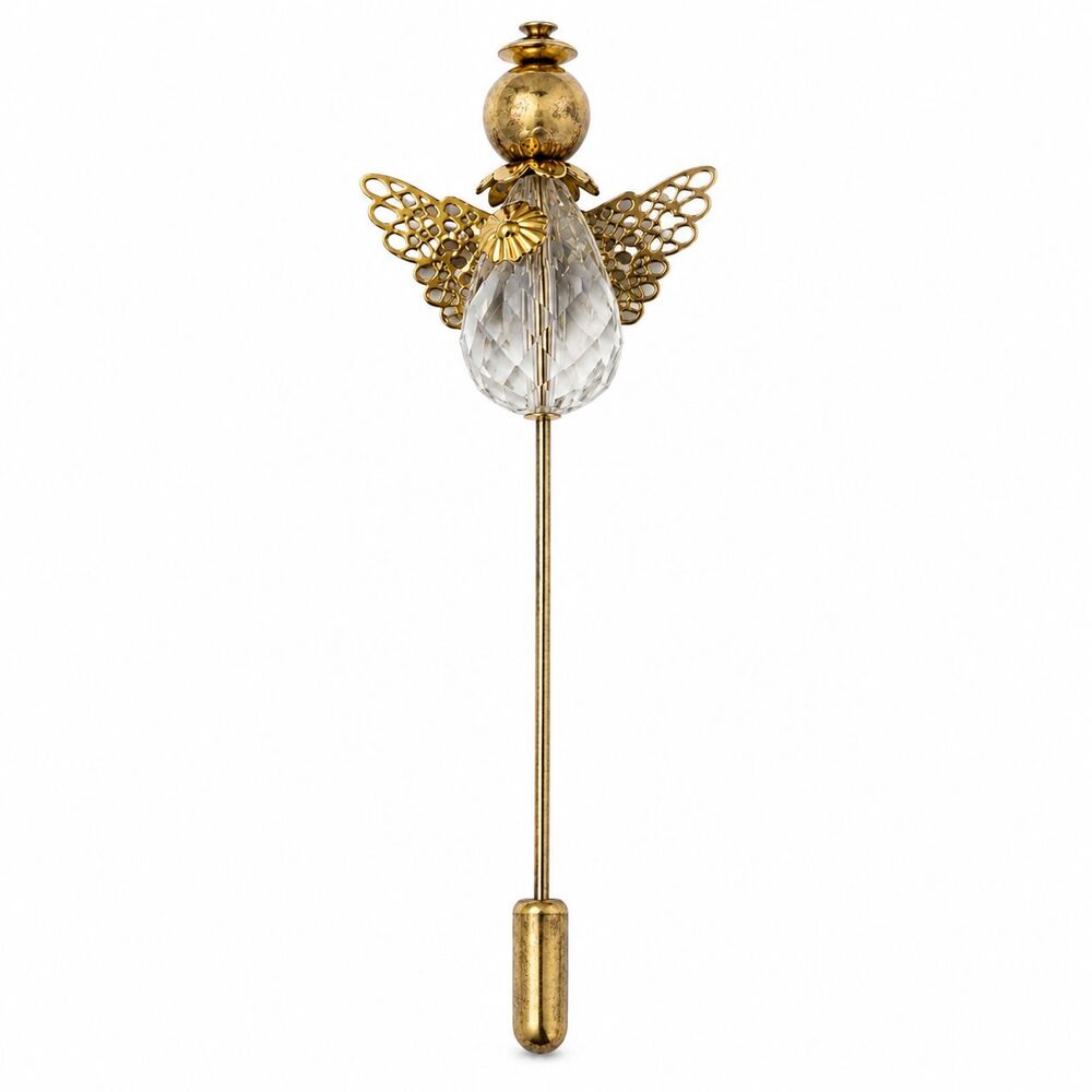 Vintage Angel Stick Pin Handmade 1980's Delicate Goldtone w/ Clear Stone Jewelry